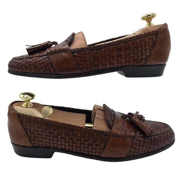 Vintage Bragano Cole Haan Brown Leather Woven Tassel Loafers Mens 9N Dress Shoes - Picture 8 of 11